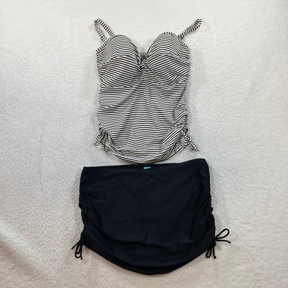 Panache Swim Tankini Set Womens 32E/M Black White Striped Ruched Skirted 2pc